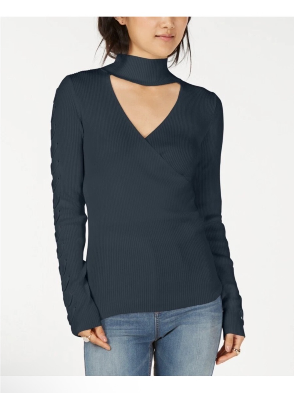 Hippie Rose Slate teal Ribbed V-Cut Mock Neck knit Sweater Medium
